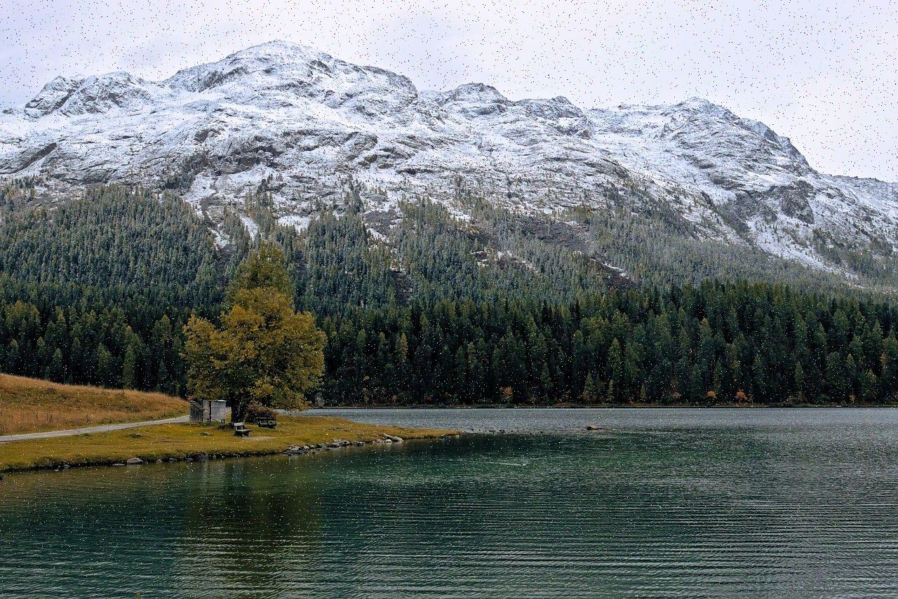 Snowy mountains above an alpine lake and forest