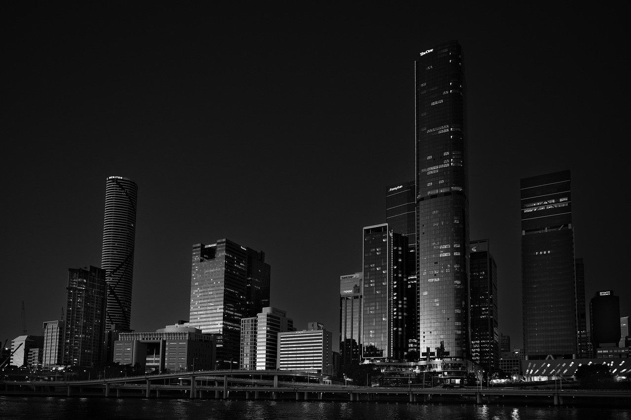 Black and white downtown skyline at night